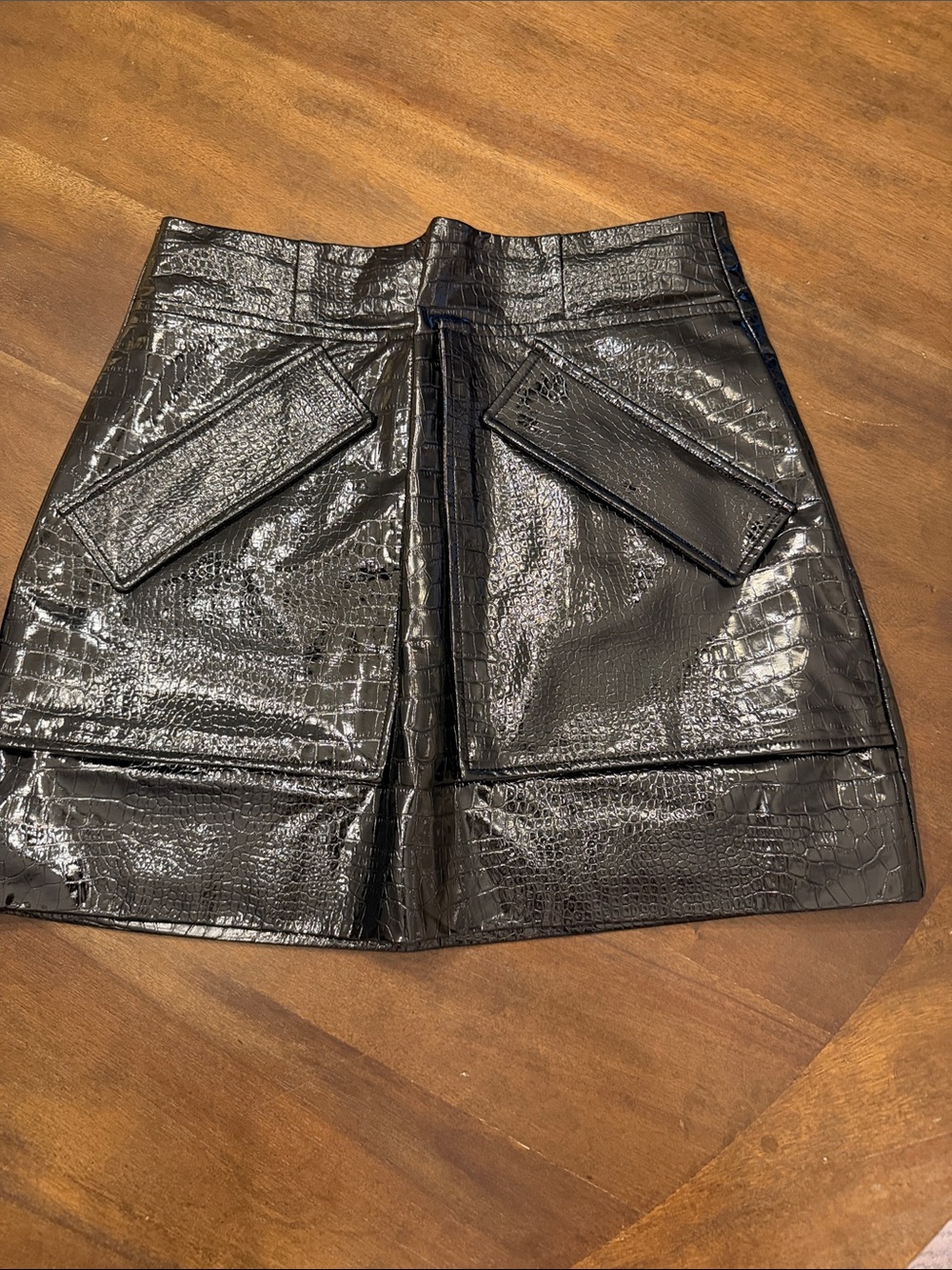 Aknvas Black Faux-Croc Mini Skirt with Flap Pocket Detail